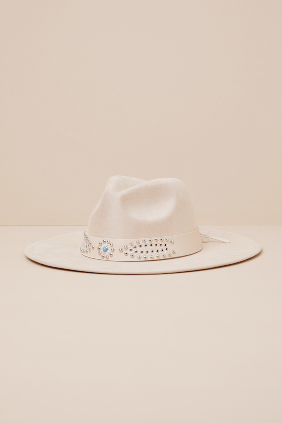 Ellith Light Beige Studded Wide-Brim Fedora Hat 3
