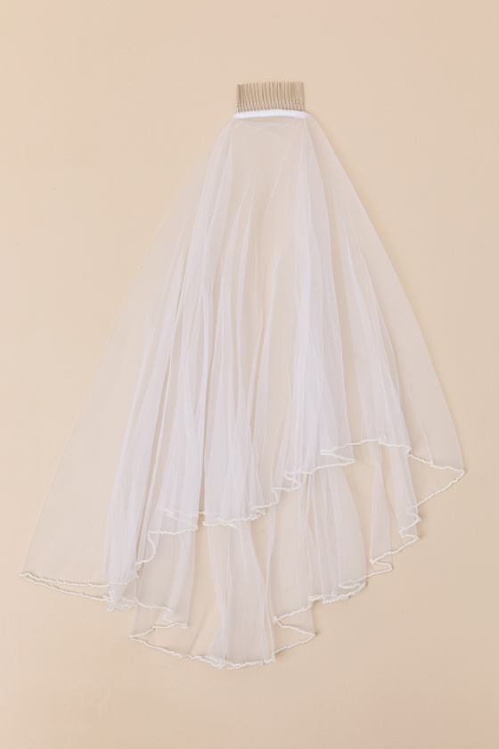 White Mesh Short Veil - Beaded Short Veil - Shoulder-Length Veil - Image 2
