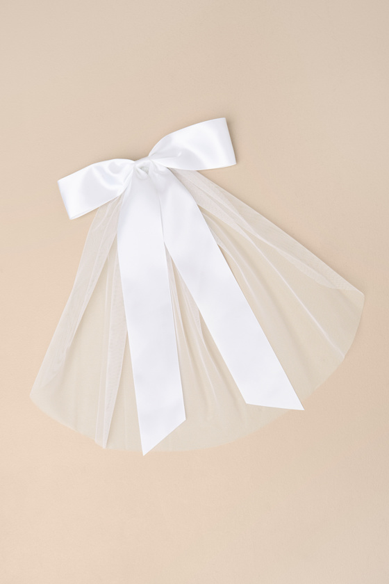 Ellia White Satin Tulle Layered Bow Hair Barrette 1