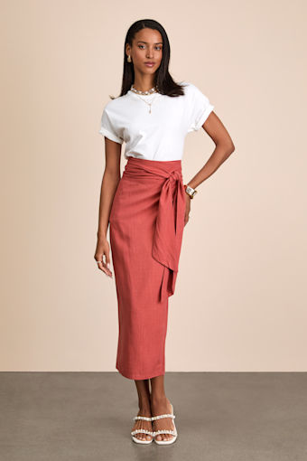 Breezy Personality Rust Red Linen Midi Wrap Skirt 1