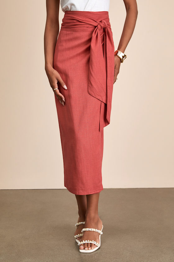 Breezy Personality Rust Red Linen Midi Wrap Skirt 2