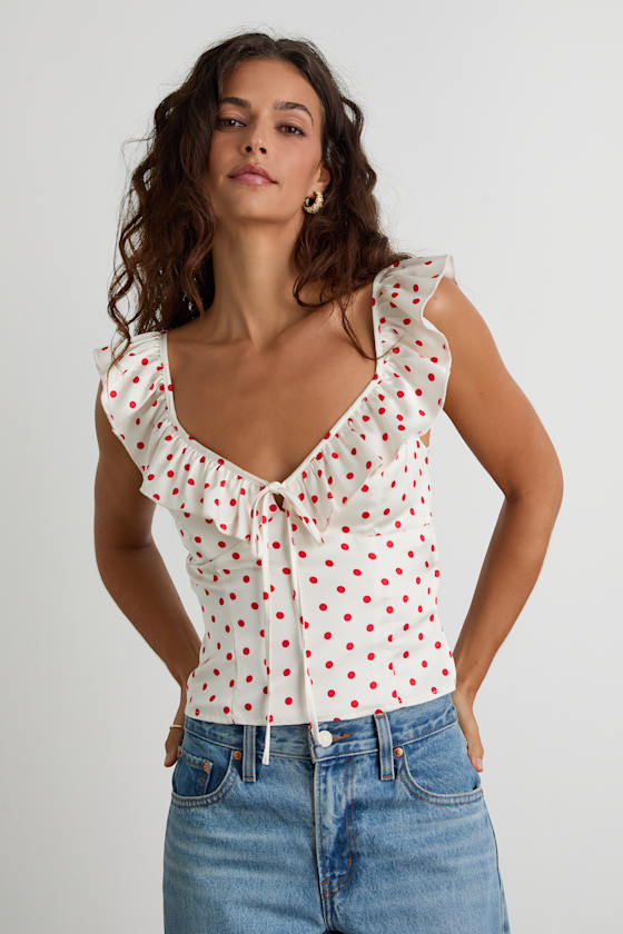 Lulus Vivi White Polka Dot Satin Ruffled Tie-back Top In White