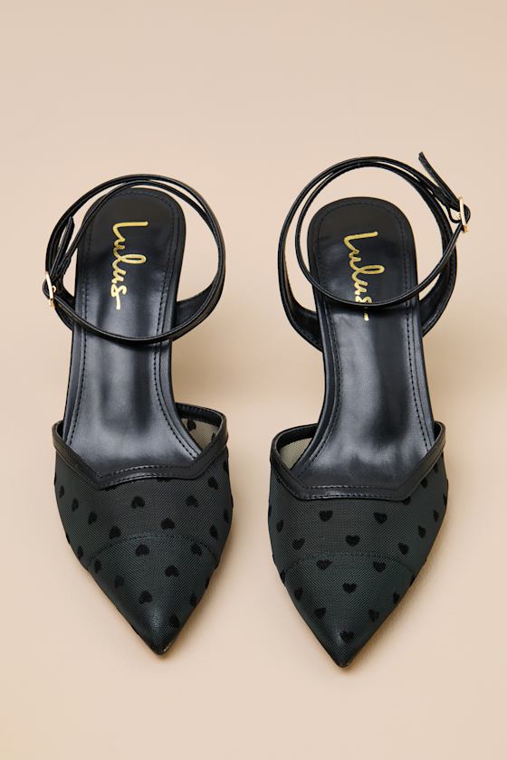 Polaris Black Mesh Heart Ankle Strap Pumps 2