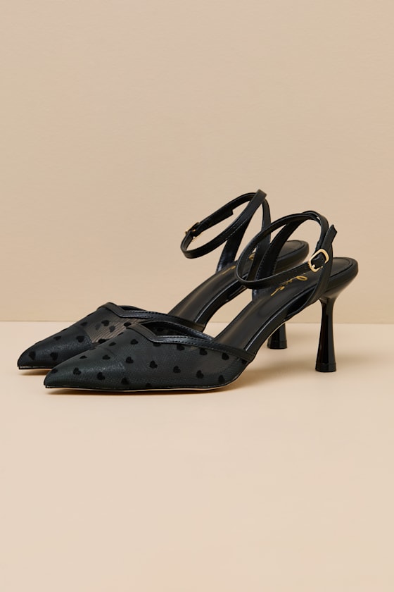 Polaris Black Mesh Heart Ankle Strap Pumps - thumbnail 4