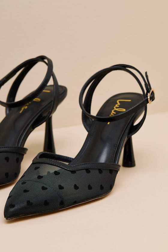 Polaris Black Mesh Heart Ankle Strap Pumps - thumbnail 5