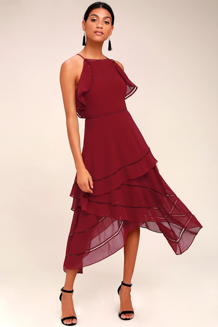 Keepsake Lovers Holiday - Wine Red Dress - Midi Dress