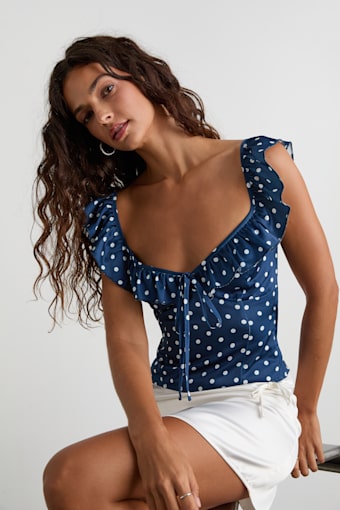 Vivi Navy Blue Polka Dot Satin Ruffled Tie-Back Top 1