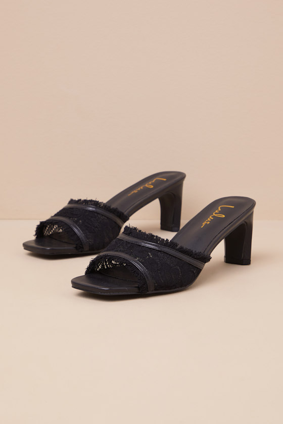Rasalas Black Frayedd Lace High Heel Slide Sandals 2