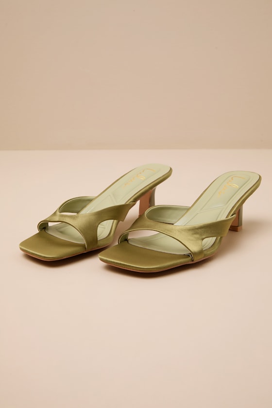 Mirzam Olive Satin Kitten Heel Slide Sandals 1