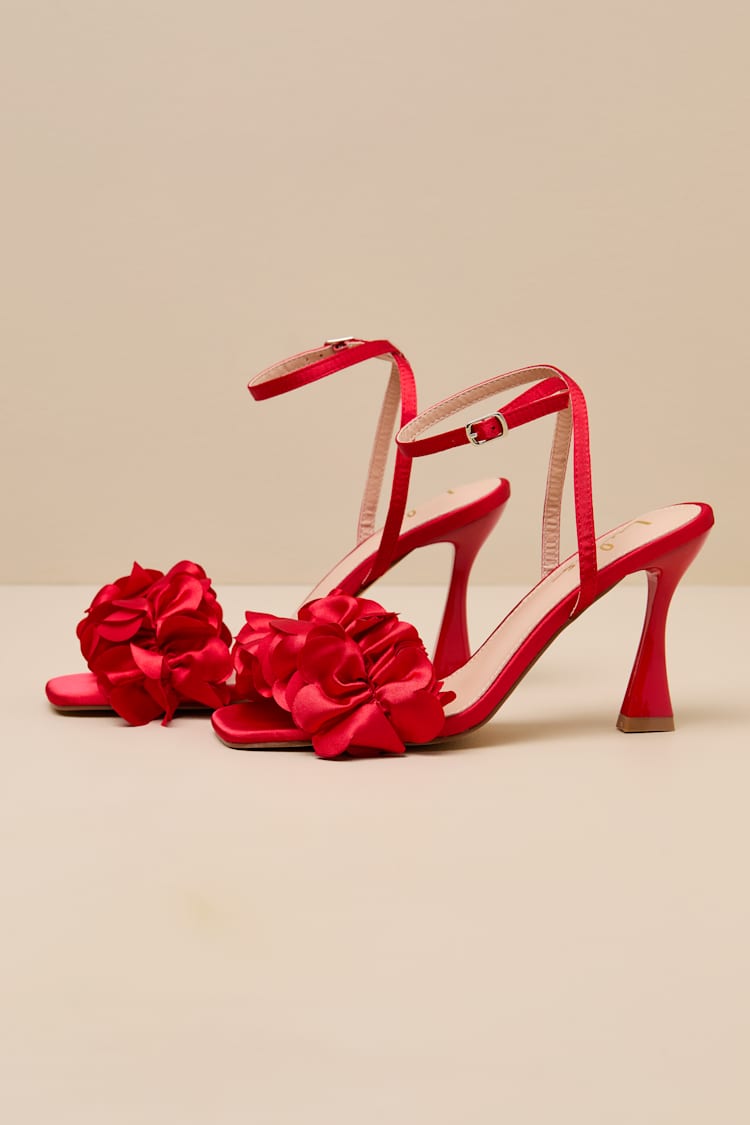Kappa Red Satin Ruffled Ankle Strap High Heel Sandals