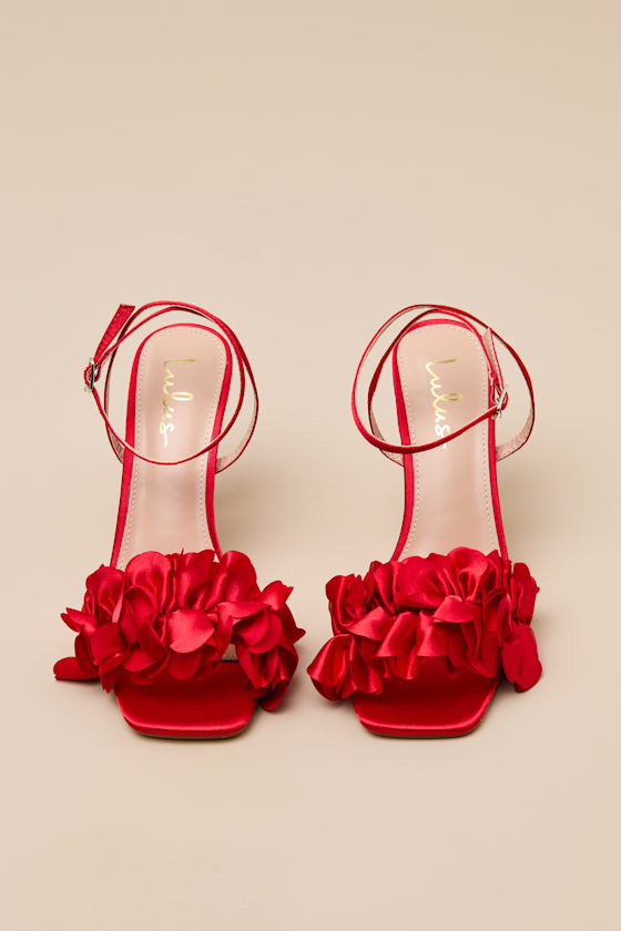 Kappa Red Satin Ruffled Ankle Strap High Heel Sandals - thumbnail 4