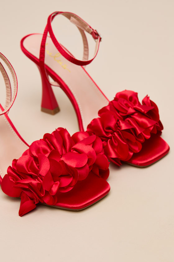 Kappa Red Satin Ruffled Ankle Strap High Heel Sandals - thumbnail 5