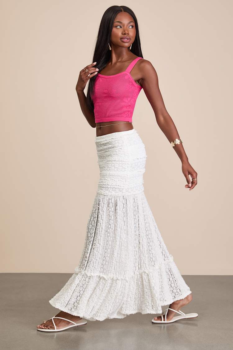 Rochelle White Sheer Textured Knit Maxi Skirt
