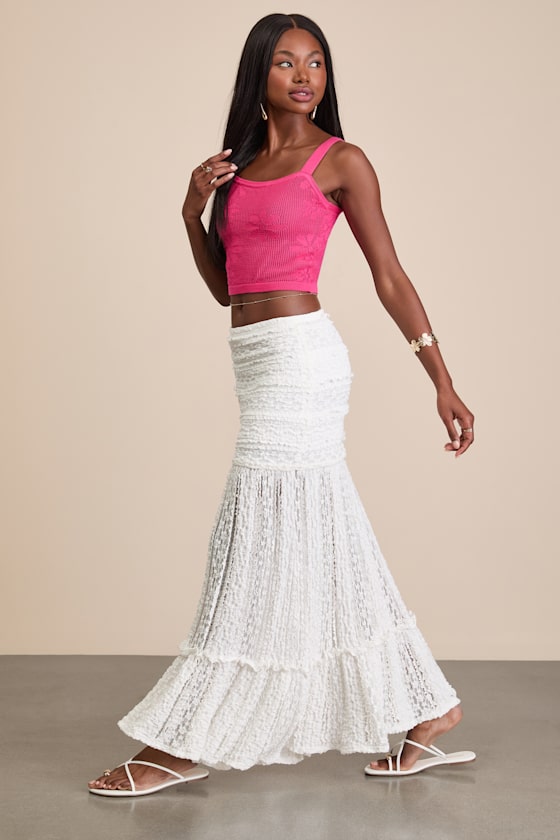 Rochelle White Sheer Textured Knit Maxi Skirt 1