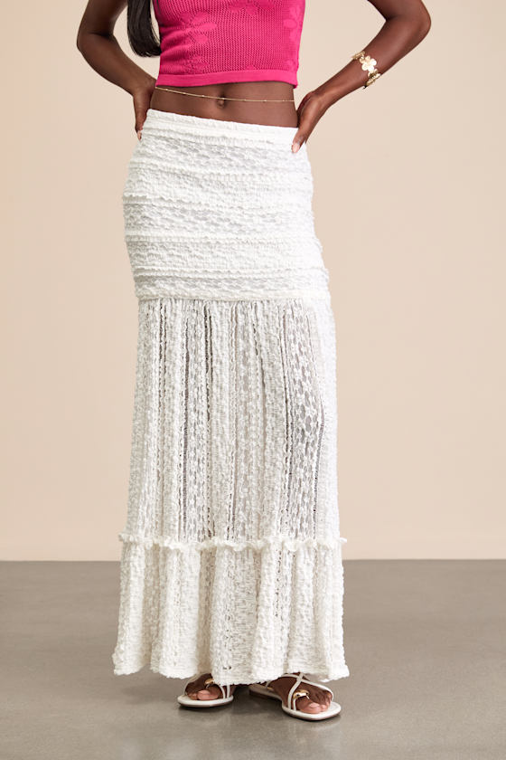 Rochelle White Sheer Textured Knit Maxi Skirt 2