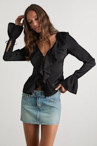 Tanisha Black Satin Ruffled Tie-Front Long Sleeve Top 1