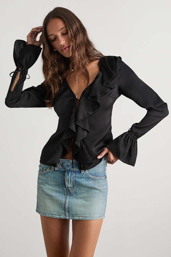 Tanisha Black Satin Ruffled Tie-Front Long Sleeve Top 1