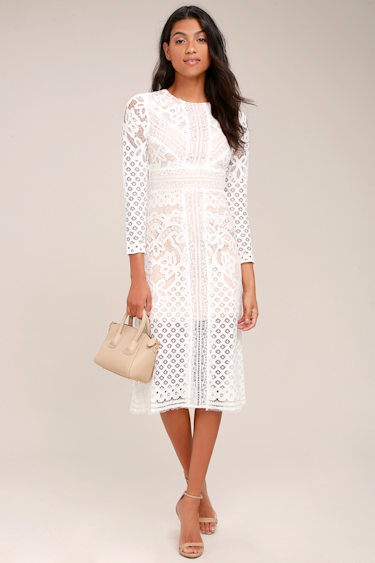 Keepsake Bridges White Lace Long Sleeve Midi Dress