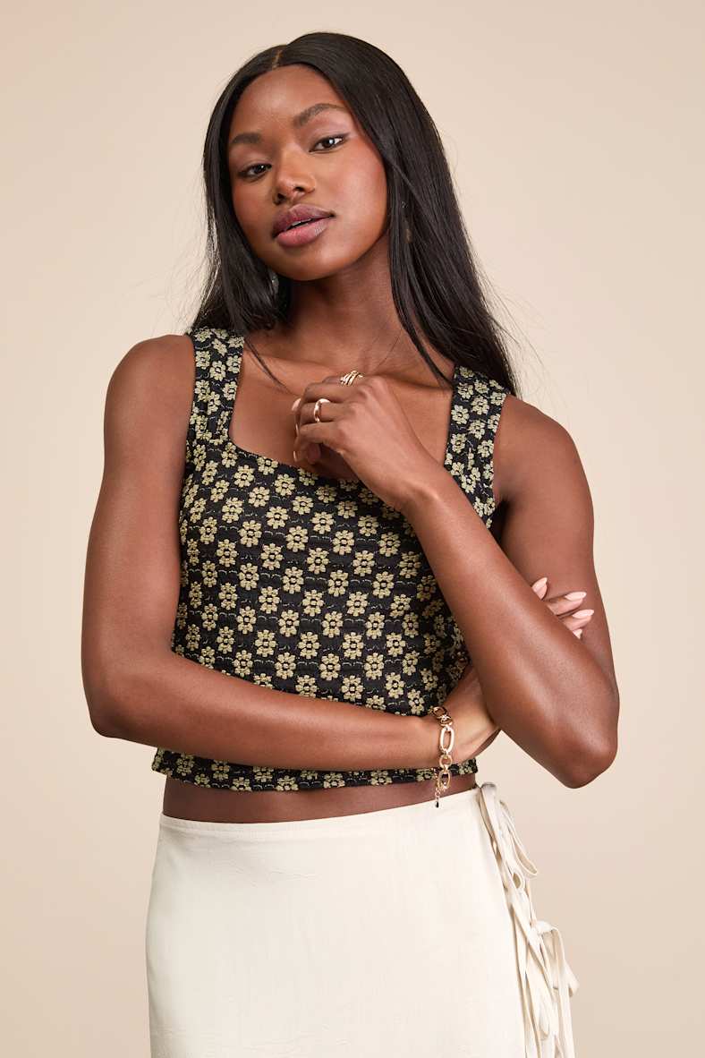 Majorly Delightful Black and Yellow Floral Textured Tank Top