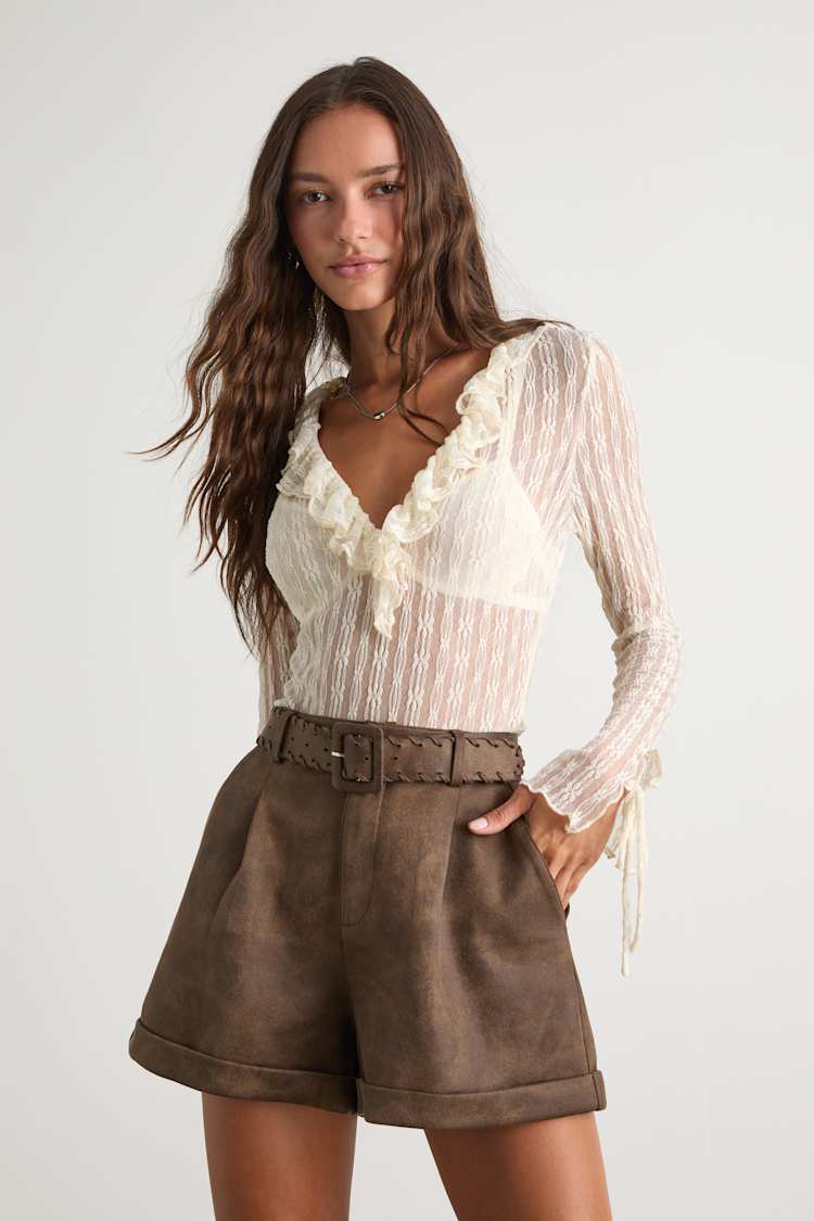 Brown Suede Shorts - Belted High-Rise Shorts - Pleated Shorts - Lulus