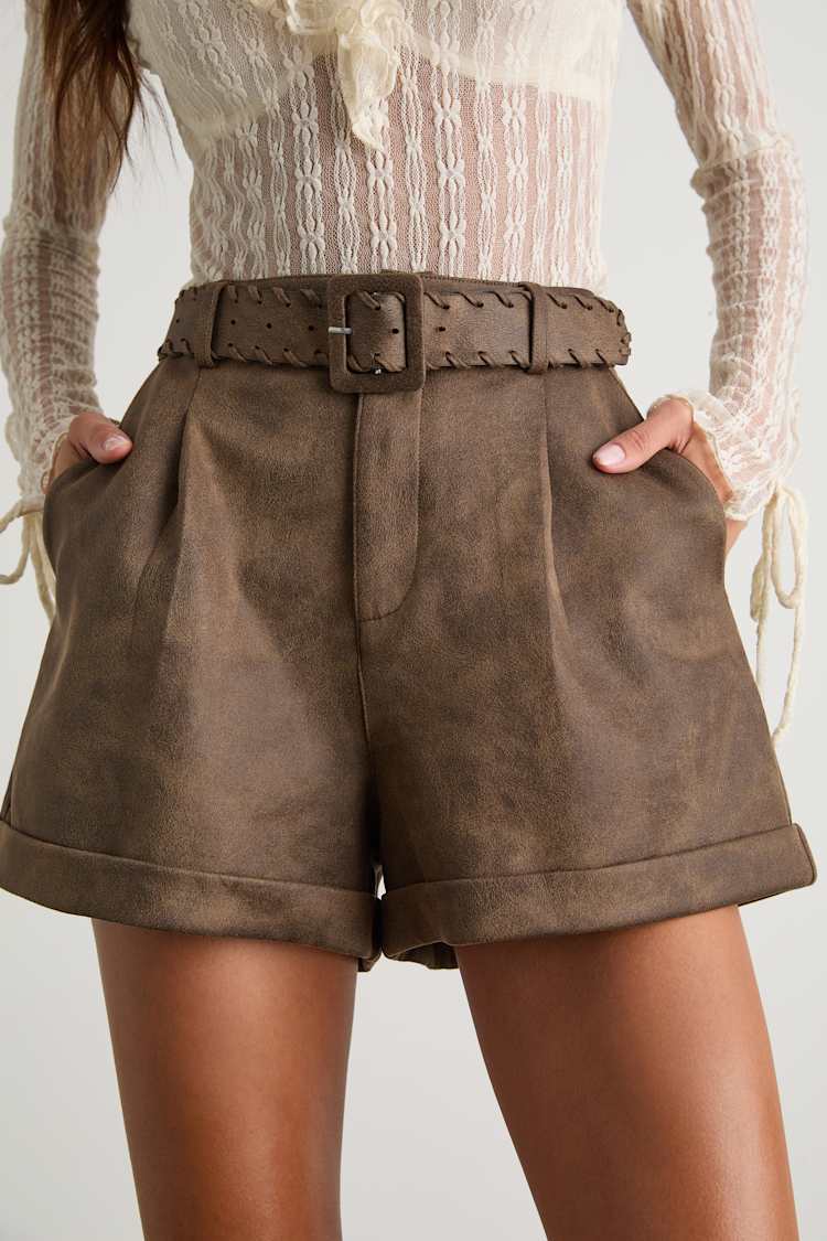 Brown Suede Shorts - Belted High-Rise Shorts - Pleated Shorts - Lulus