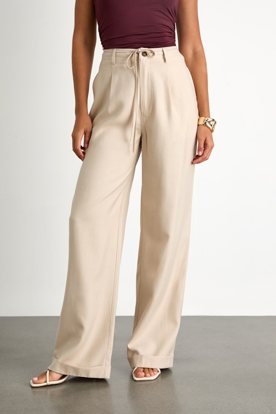 Light Khaki Trousers - Wide-Leg Trouser Pants - Tie Belt Trousers