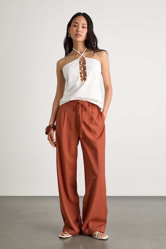 Bowen Rust Orange High-Rise Wide-Leg Trouser Pants