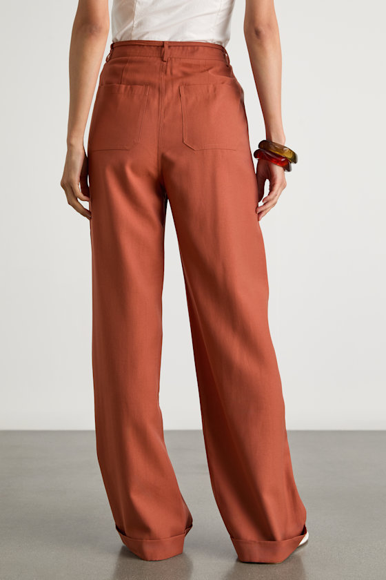 Rust Orange Trousers - Wide-Leg Trouser Pants - Tie Belt Trousers