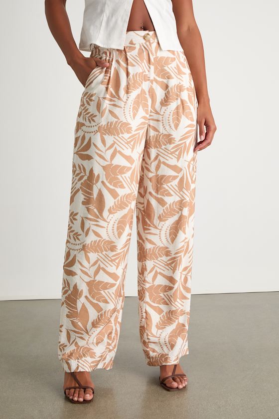 Rosetta Ivory and Tan Leaf Print Wide-Leg Pants 2