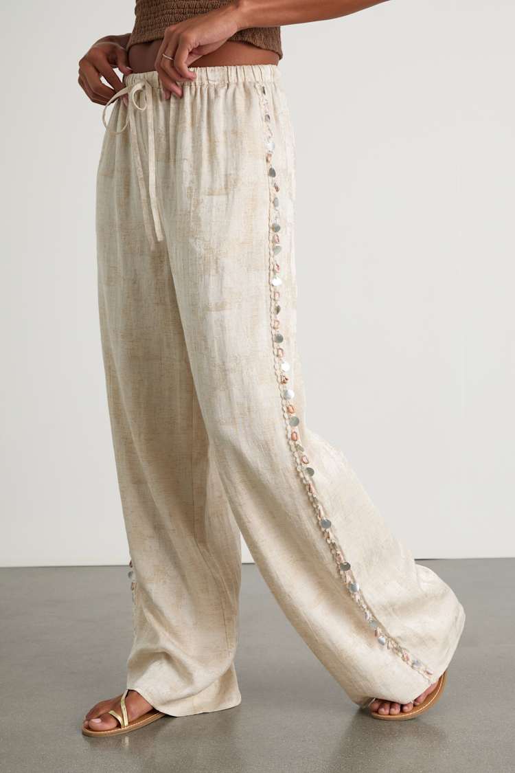 Cessa Brushed Beige Seashell Drawstring Wide-Leg Pants