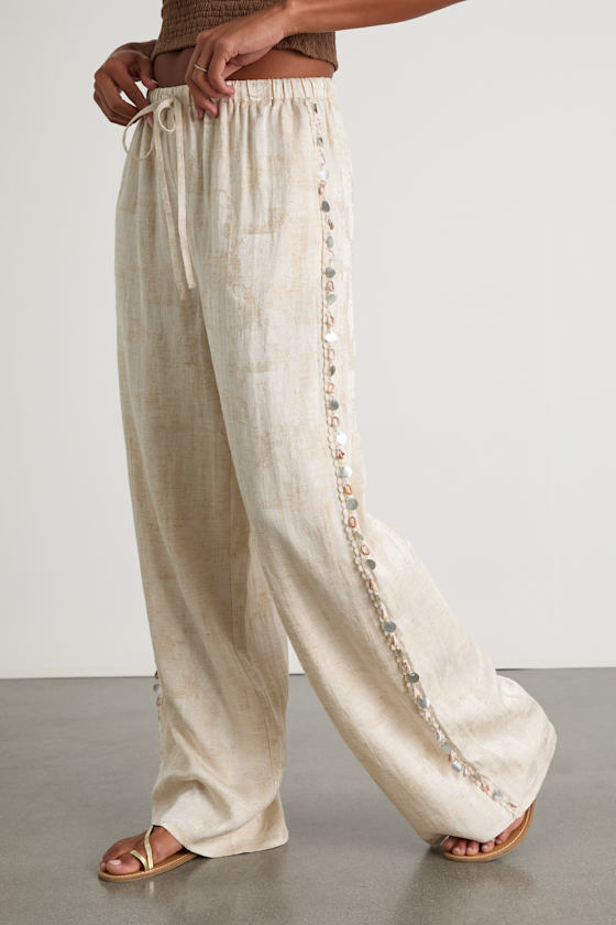 Cessa Brushed Beige Seashell Drawstring Wide-Leg Pants 2