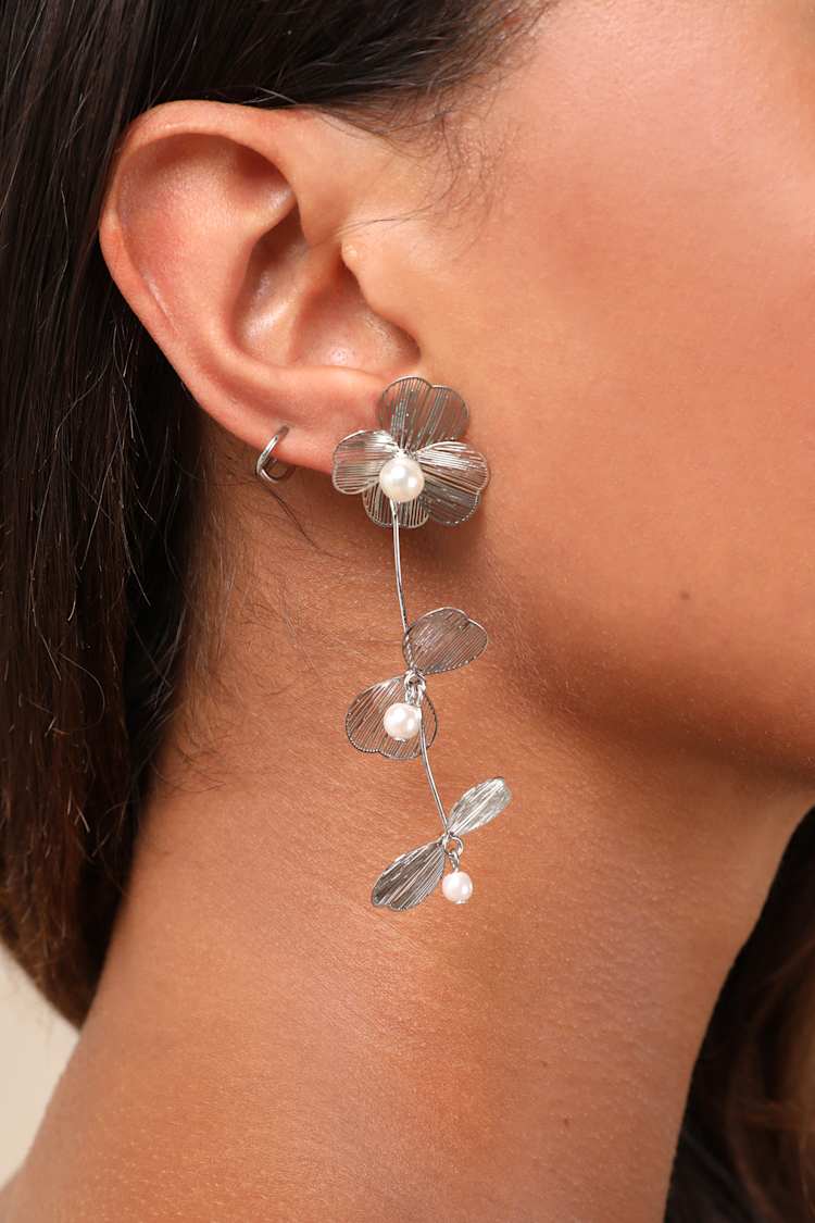 Caprina Silver Floral Pearl Drop Earrings