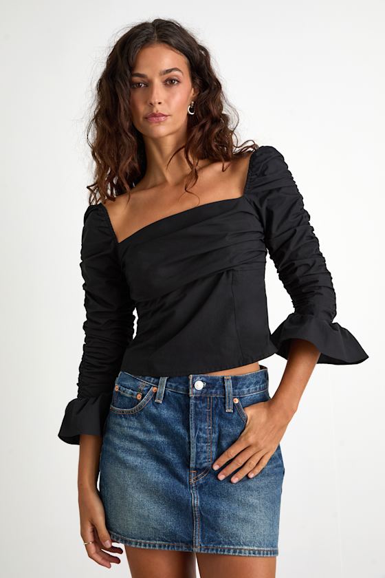 Felia Black Cotton Ruched Three-Quarter Sleeve Top 2