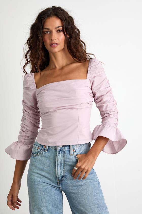 Felia Dusty Lavender Cotton Ruched Three-Quarter Sleeve Top 1