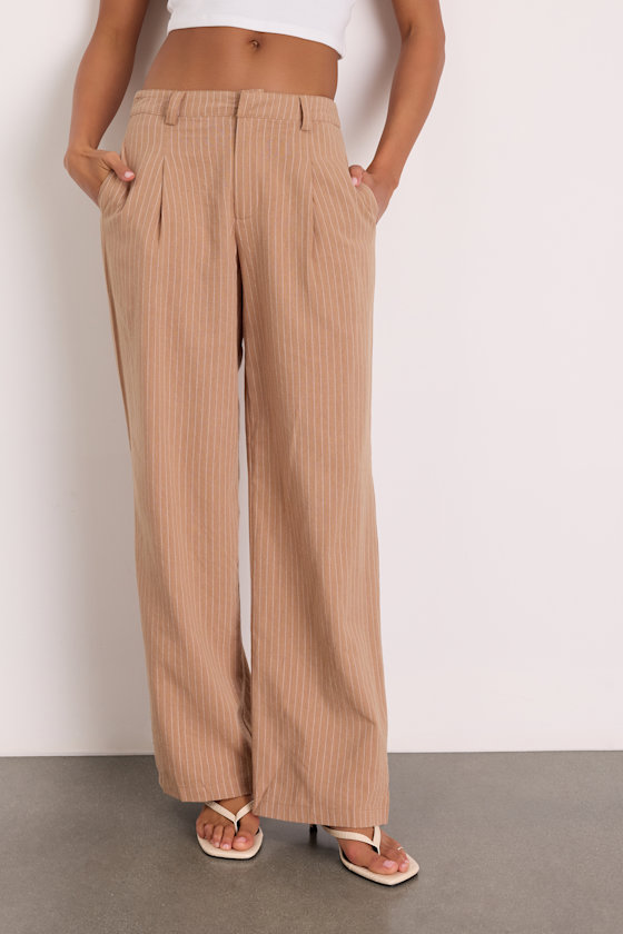 Siyana Tan Pinstriped Linen Straight Leg Trouser Pants 1