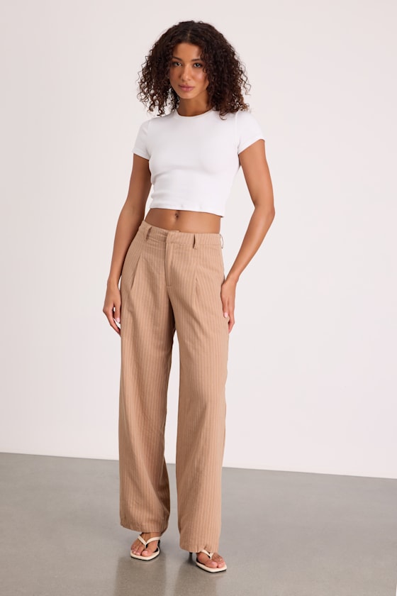 Siyana Tan Pinstriped Linen Straight Leg Trouser Pants 2