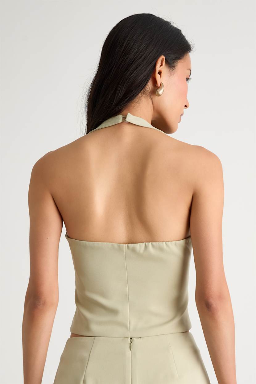 Wyona Light Sage Green Seashell Cutout Halter Top