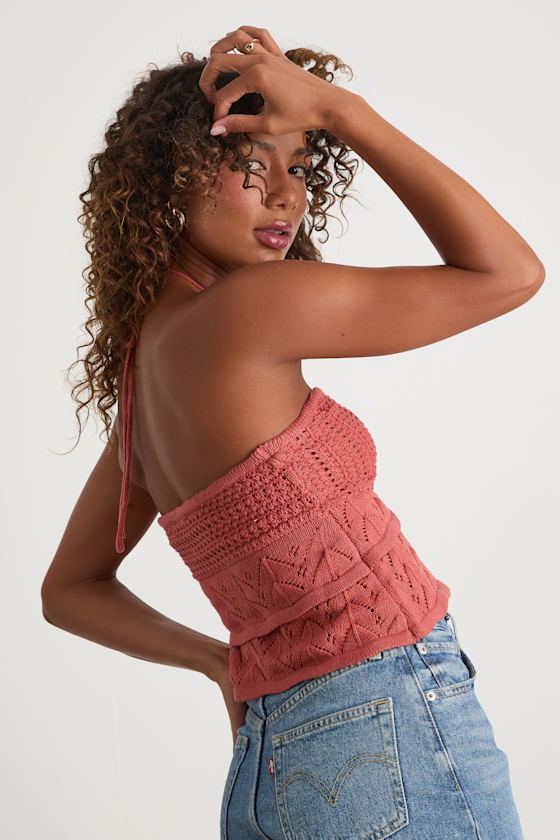 即完売品　6(ROKU) COTTON CROCHET HALTER TOP Rusty Rose Top - Crochet Knit Halter Top - Tiered Crop Top - Lulus