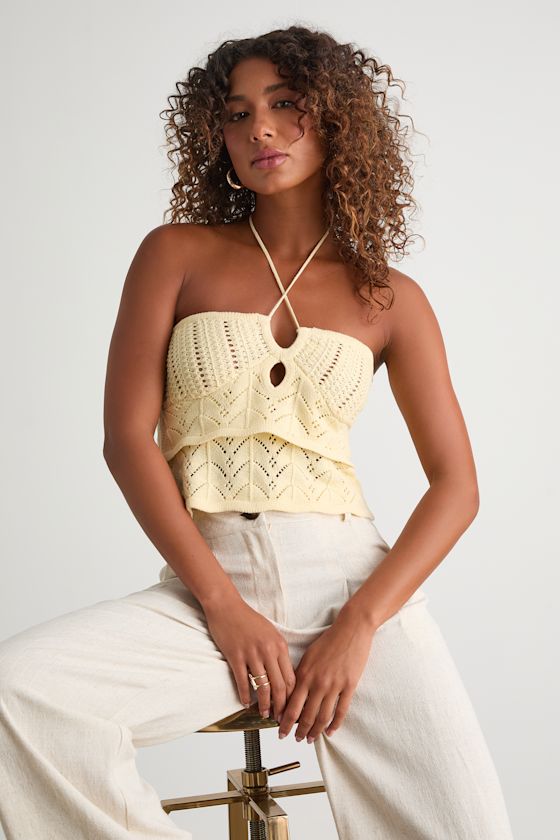 Linden Light Yellow Crochet Cutout Tiered Halter Top 1