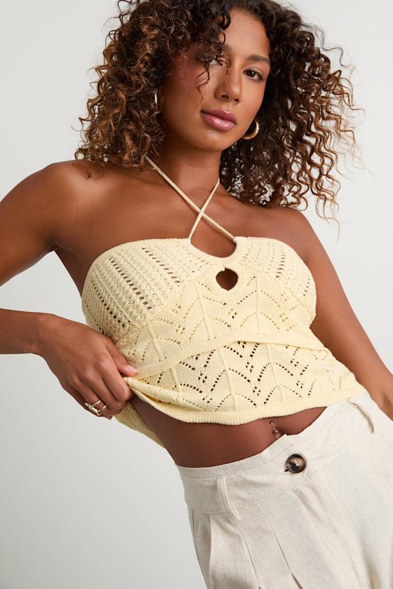 Linden Light Yellow Crochet Cutout Tiered Halter Top 2