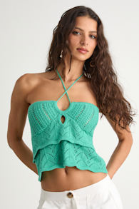 Linden Teal Green Crochet Cutout Tiered Halter Top 1