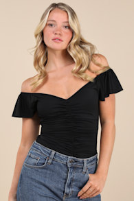 A Little Bit Of Love Black Ruched Flutter Sleeve Bodysuit 2