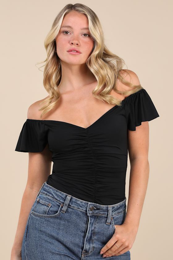 A Little Bit Of Love Black Ruched Flutter Sleeve Bodysuit 2