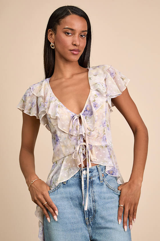 Chelley Cream Floral Ruffled Tie-Front Short Sleeve Top 1