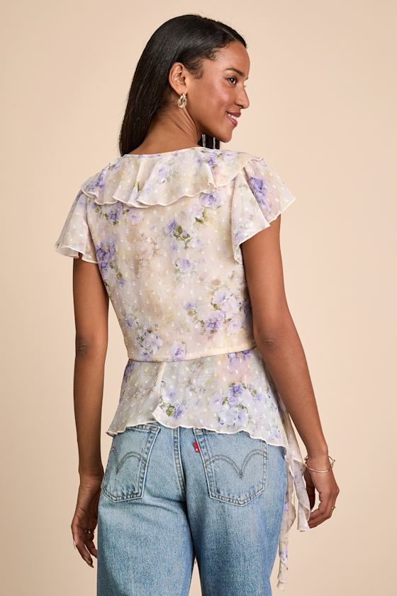 Chelley Cream Floral Ruffled Tie-Front Short Sleeve Top 2