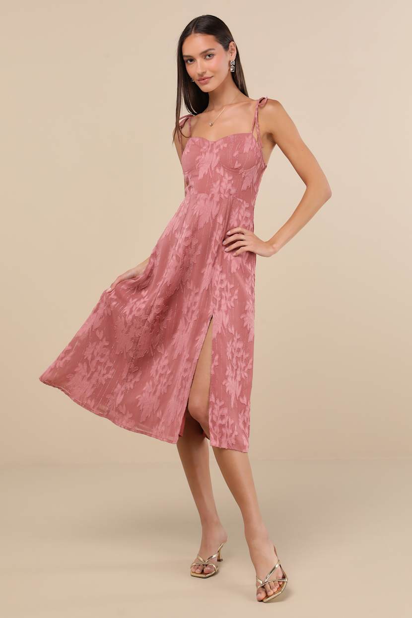 Dusty Rose Jacquard Dress - Tie-Strap Midi Dress - Bustier Dress