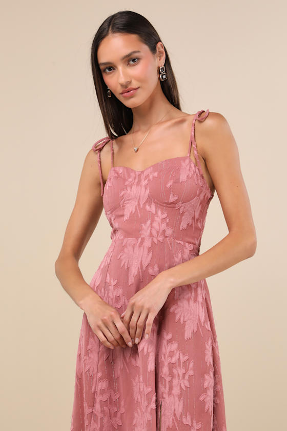 Image of Loveliest Looks Dusty Rose Floral Jacquard Tie-Strap Midi Dress