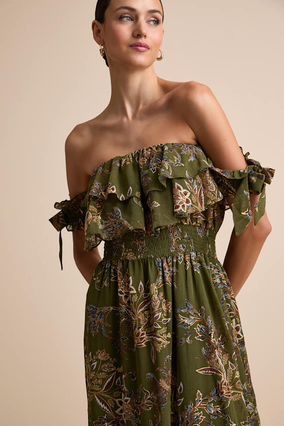 Love and Blooms Olive Green Floral Print Off-the-Shoulder Dress 1