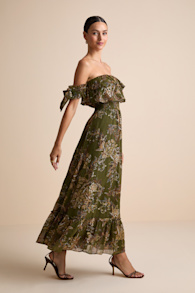 Love and Blooms Olive Green Floral Print Off-the-Shoulder Dress 5