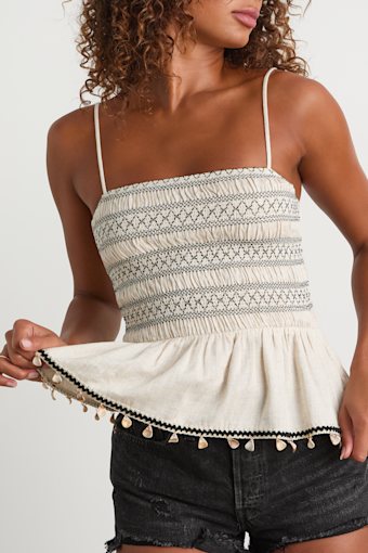 Bibiana Beige Embroidered Seashell Peplum Top 2